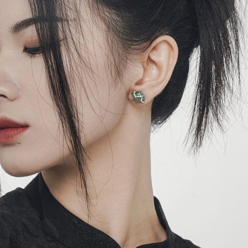E1245 New Chinese Style Earrings for Women Simple and Fresh S925 Sterling Silver National Trend Square Pearl Green Aventurine Jade Earrings