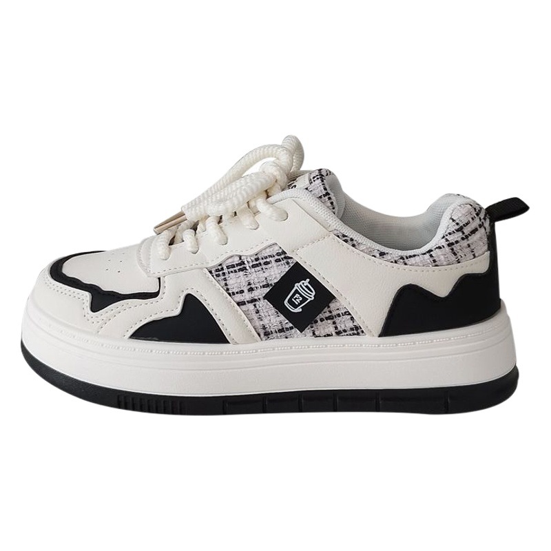Zapatillas Deportivas Casuales a Cuadros Blancos y Negros con Suela Gruesa para Mujer, Primavera y Otoño 2025, Estilo Universitario, Versátiles, con Punta Redonda