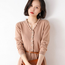 秋冬新款时尚v领木耳边羊毛连衣裙女宽松毛衣裙过膝针织打底长裙