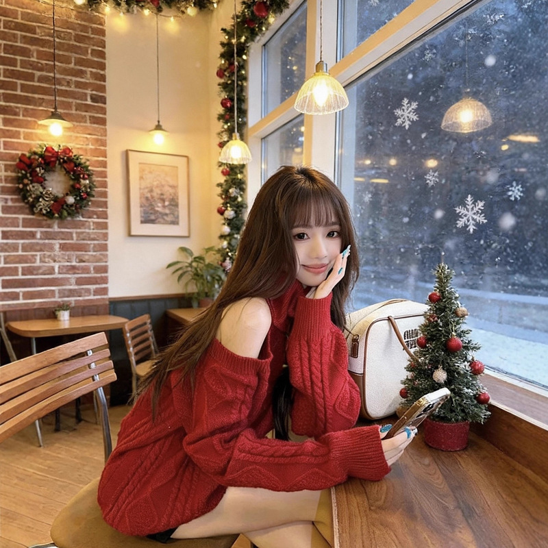 Christmas and New Year Off-Shoulder Turtleneck Knitted Sweater for Women in Autumn and Winter New Style Lazy Loose Korean Style Thickened Top Versatile