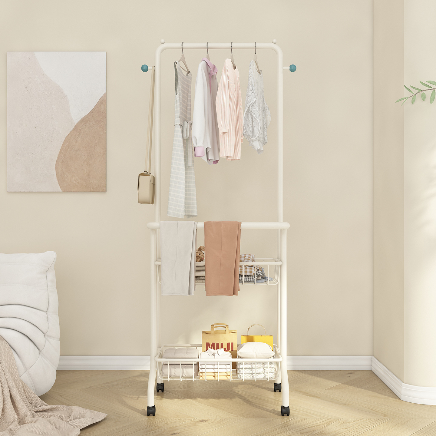 Trendy Living Room Movable Clothes Rack Floor-Standing Bedroom Coat Rack Indoor Storage Rack Home Integrated Drying Rack