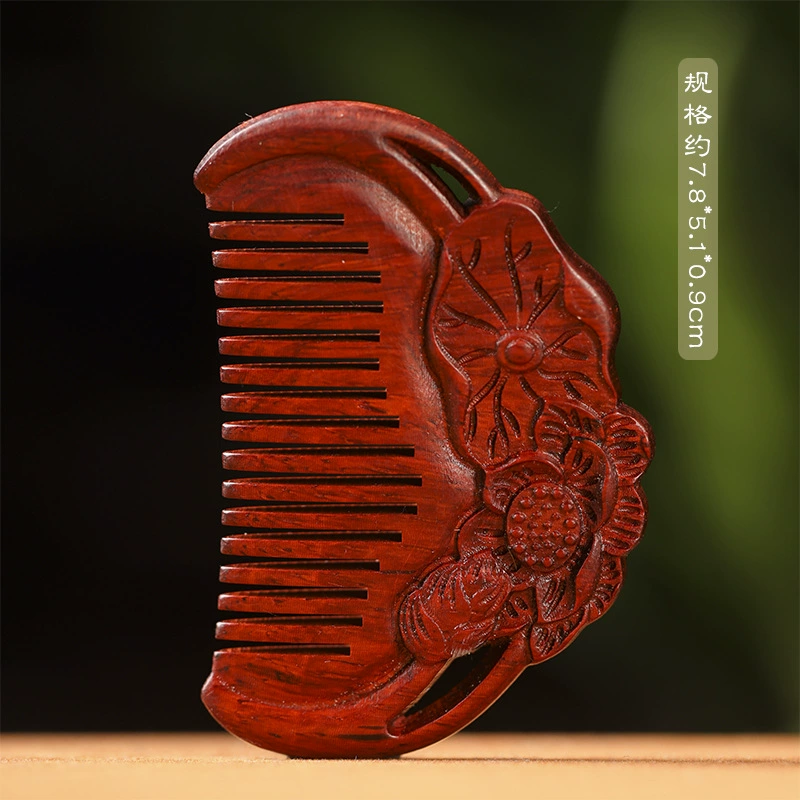 Handheld Carved Sandalwood Comb, Retro Lotus Design with Tassel, Small Gift, 50 g
