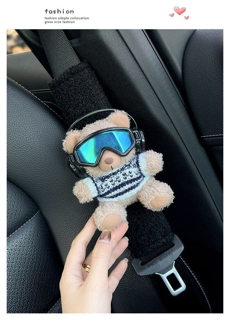 Cute Skiing Bear Car Seatbelt Shoulder Pad Cover Car Interior Decoration Cover Little Rabbit Couple Car Protective Cover