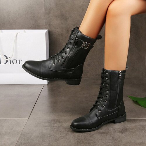Martin boots for women, size large, round toe, thick heel, laced, side zipper, solid color, mid-calf