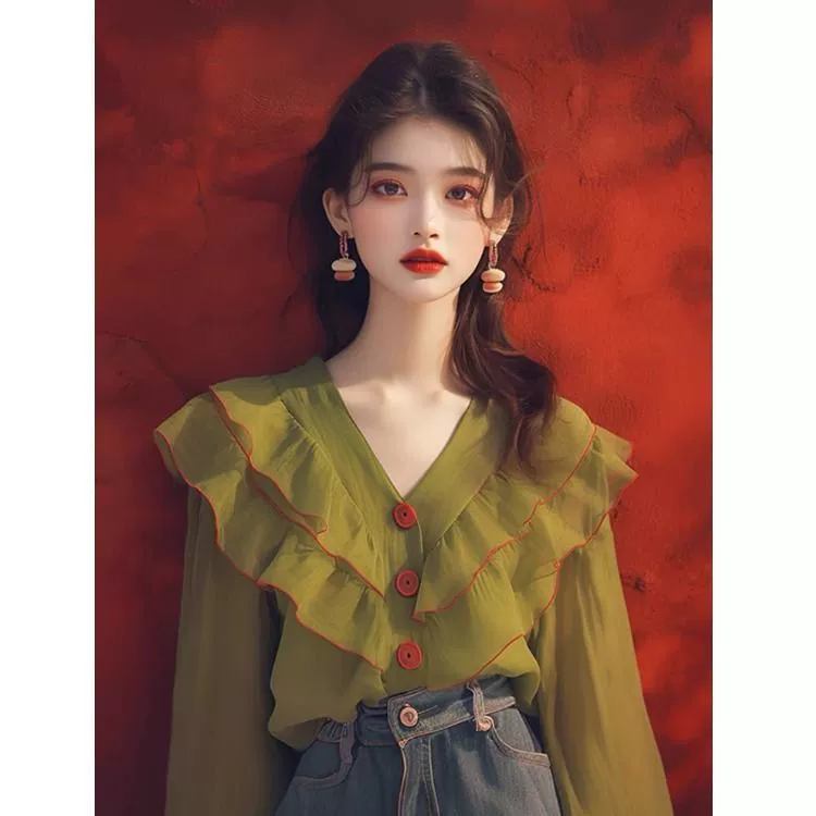 Женская рубашка в французском стиле с зелеными оборками, новинка осени 2025, нишевая рубашка с длинным рукавом, топ с V-образным вырезом и элегантным шармом.