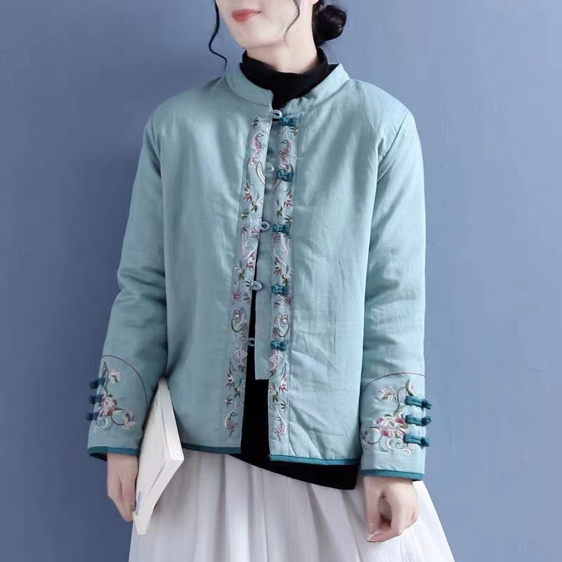 清仓捡漏棉麻夹棉外套棉衣女加厚保暖宽松中国风绣花亚麻棉服外套