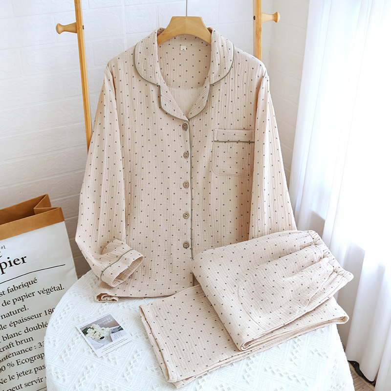 Algodón crepé pijamas de las mujeres amor crepé traje de solapa de gasa de algodón cómodo traje de desgaste casero