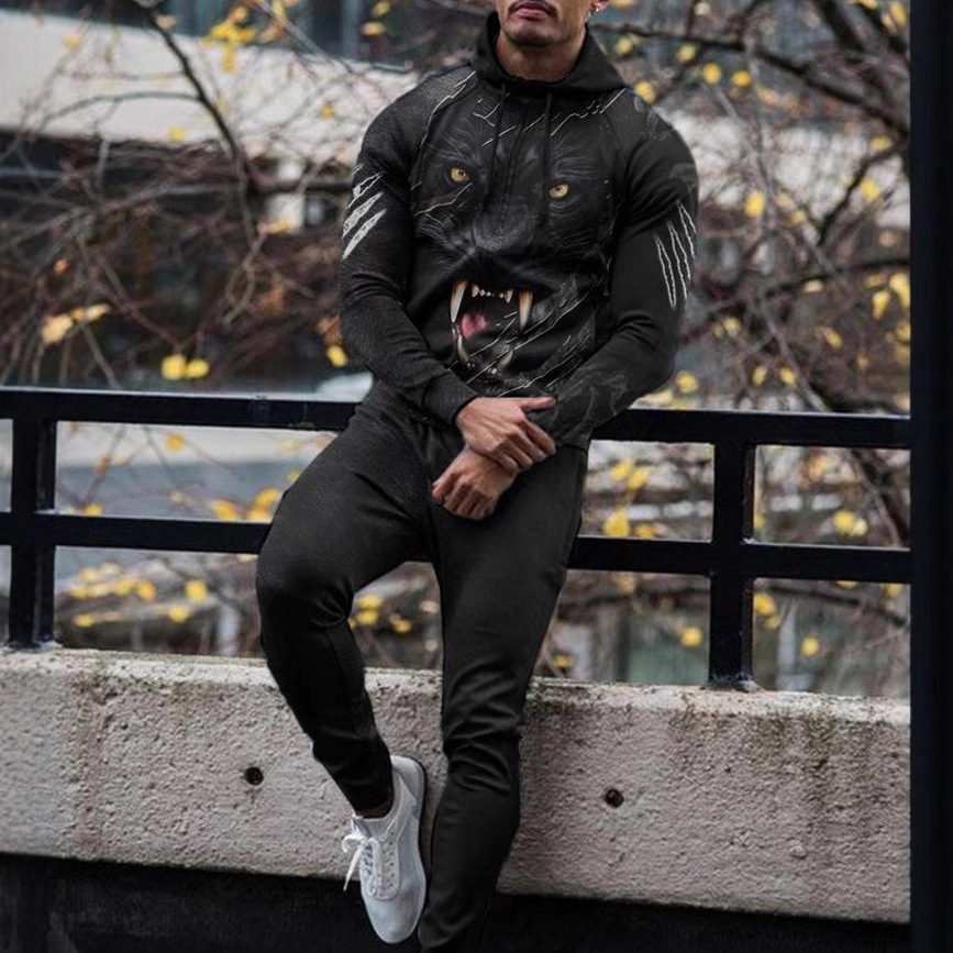 Tuta sportiva autunno e inverno moda colore bloccato casual felpa con cappuccio stampata in 3D pantaloni set due pezzi uomo_voghion.com