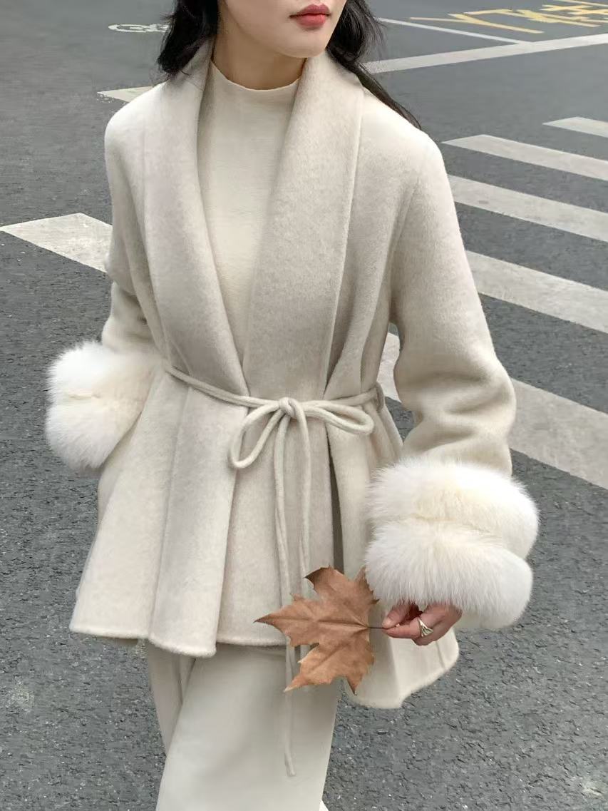 Widened Fox Fur Sleeve New Double-sided Cashmere Coat Mid-length Bathrobe Shoulder Slimming Lace-up Wool Coat for Women