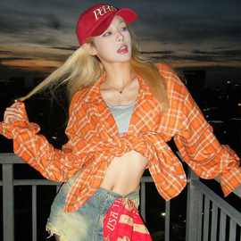 2025年橘红色格子春季新款宽松百搭长袖衬衫女美式小众高品质衬衣