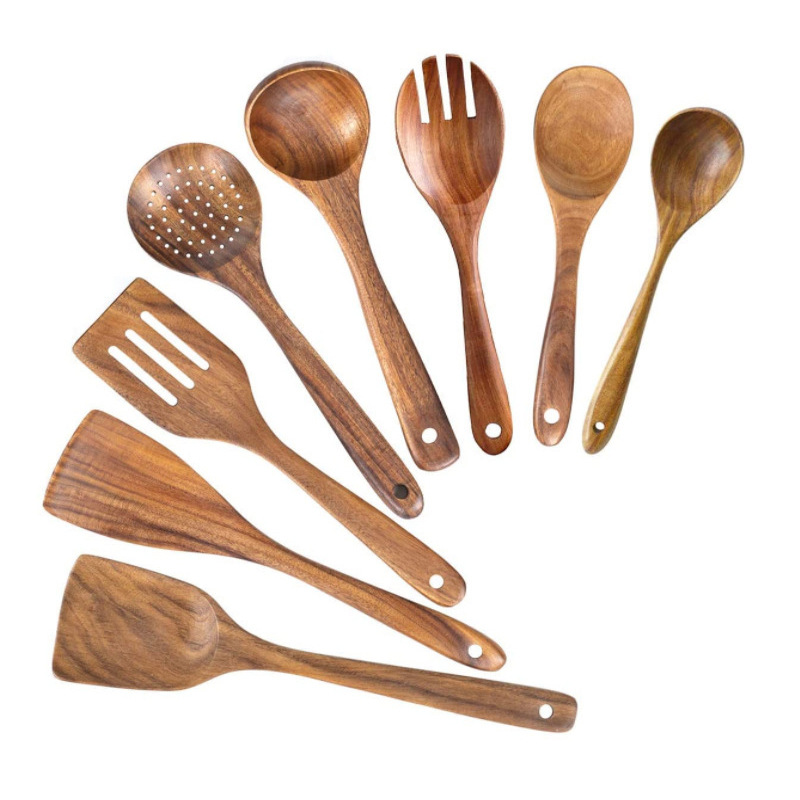 Juego de cocina de teca, cuchara de pala de madera maciza, tenedor, sartén antiadherente, utensilios de cocina de madera de acacia, espátula de mango largo, juego de cocina de 9 piezas