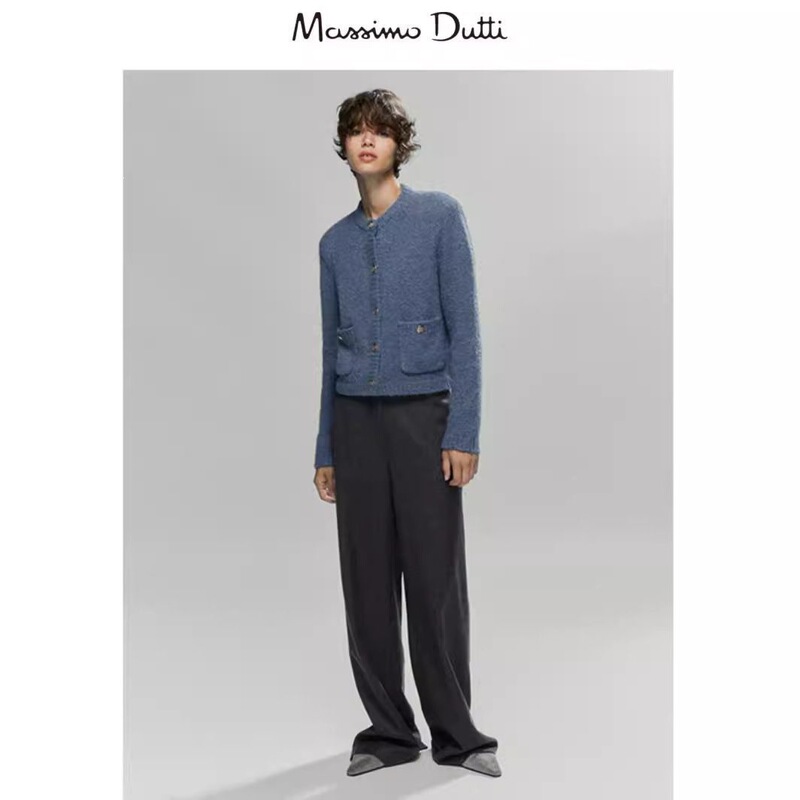 Massimo Dutti Women's 2026 Spring New Style Chanel-Style Blue Sweater Knitted Cardigan Short Jacket Massimo Dutti Women's 2026 Spring New Style Chanel-Style Blue Sweater Knitted Cardigan Short Jacket