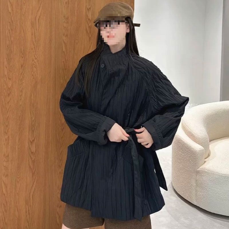 小众系带立领棉服女冬设计感收腰显瘦时尚减龄复古轻薄中长款棉衣