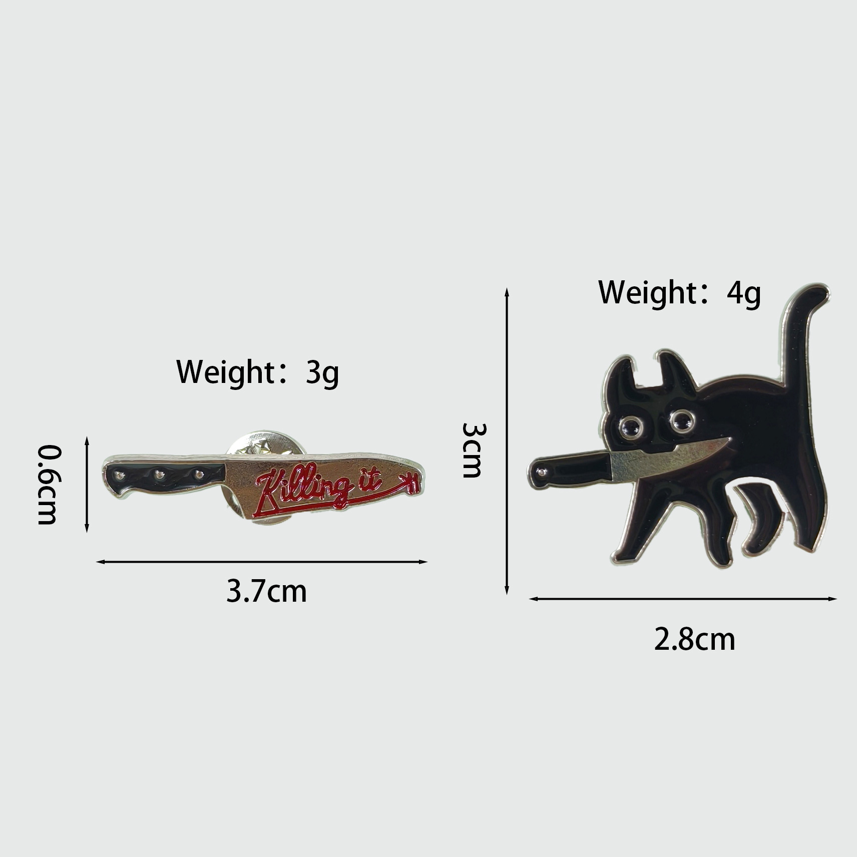 Personalidad, divertido, cuchillo, gato, insignia de metal, cuchillo, letras en inglés, decoraciones creativas, broche de ropa de aceite de goteo de aleación