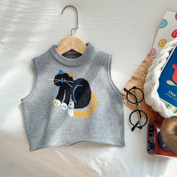 Cat knitted vest-grey