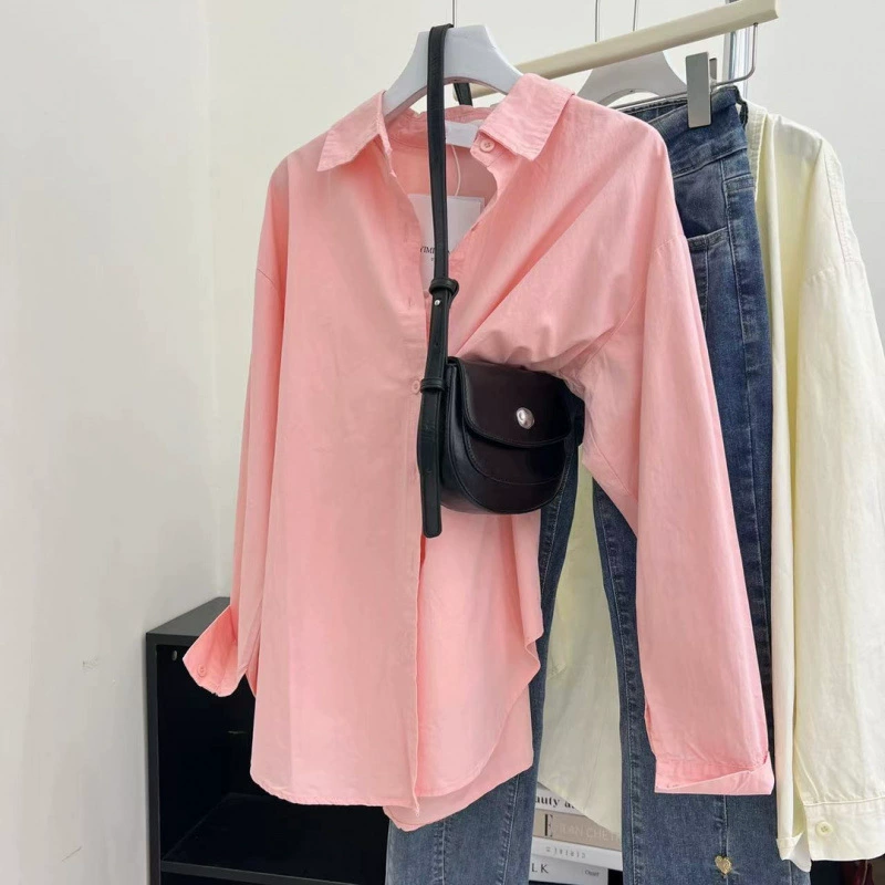 Хлопковая модная повседневная рубашка нового дизайна, простая нишевая однотонная универсальная элегантная свободная стильная рубашка-блузка