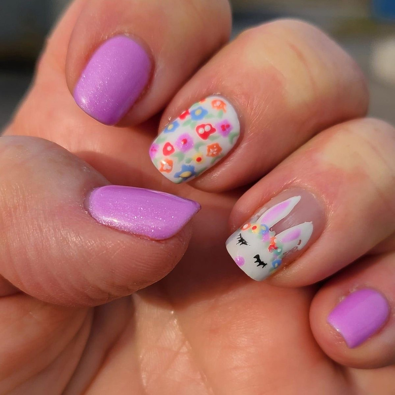 Easter Cute Bunny Spring and Summer Floral Graffiti Design Short Square Charming Purple Wearable Nail Art Nail Tips