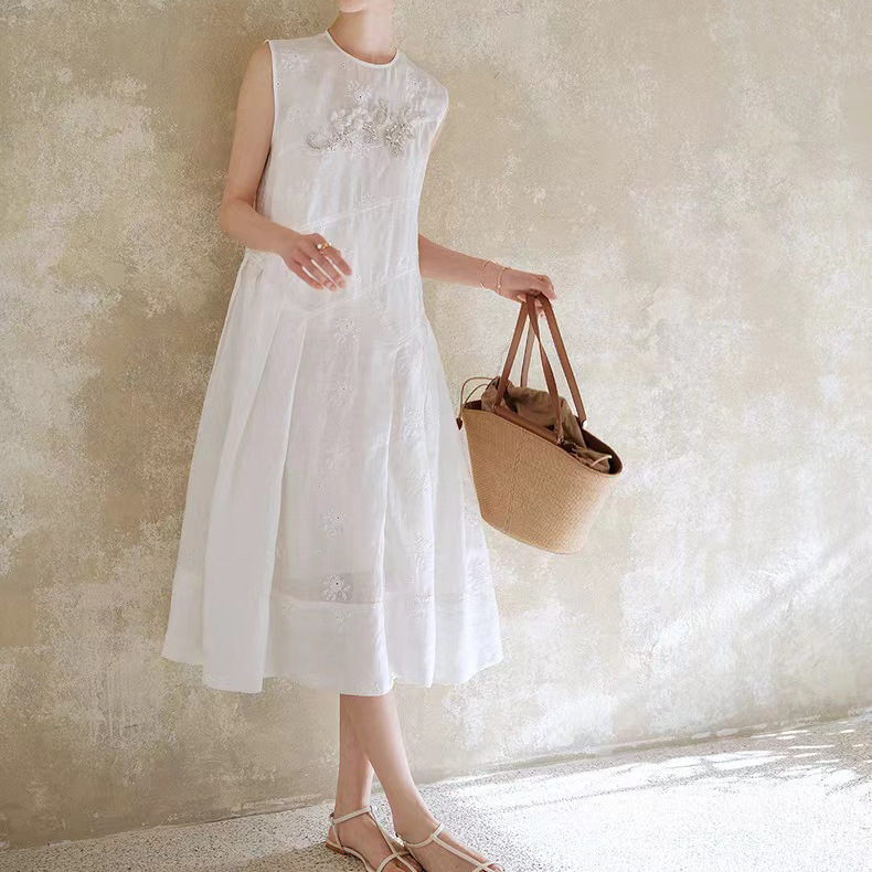 Spot Cotton and Linen Embroider + Heavy Beading Holiday Long Skirt Stereo French Embroider Loose Skirt Elegant Sleeveless Dress