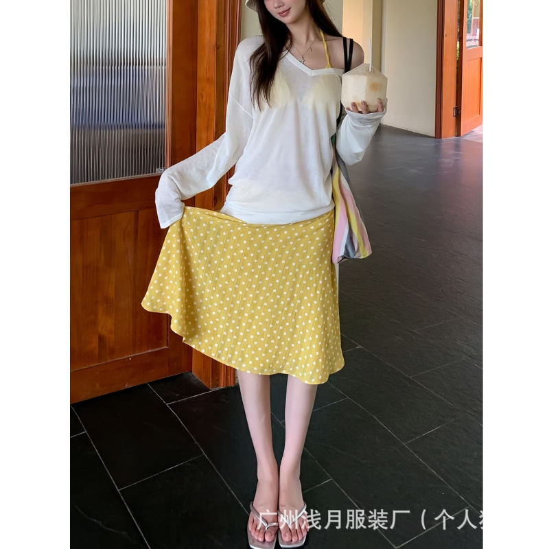 Internet Celebrity g A-Line Skirt for Women 2026 New Spring Mid-Length Skirt with Yellow Polka Dots, Absolutely Beautiful and Stunning Skirt