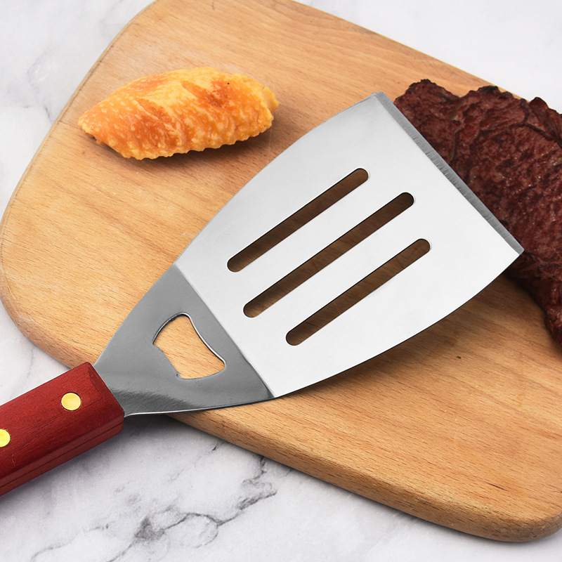 Delantal gran mango de madera 6 piezas de acero inoxidable parrilla al aire libre conjunto de herramientas multifuncionales botella de condimentos combinación de abrazadera de pala y tenedor