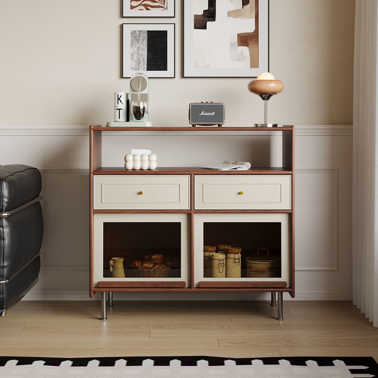 Retro Solid Wood Sideboard Bauhaus Mid-Century Style Cherry Wood Wall Storage Cabinet Living Room Home Storage Entrance Cabinet