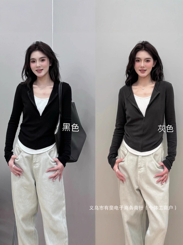 2025新款秋冬拉链假两件拼色上衣修身显瘦外穿外套女时尚百搭长袖|undefined