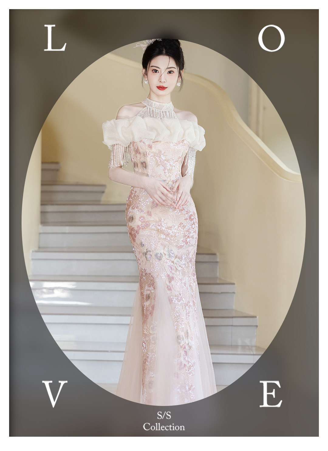 Pink Mermaid Style Bridal Gown Halter Neck off Shoulder Evening Dress Understated Luxury Niche Adult Emcee Morning Robe Toasting Dress_ecoleips.com