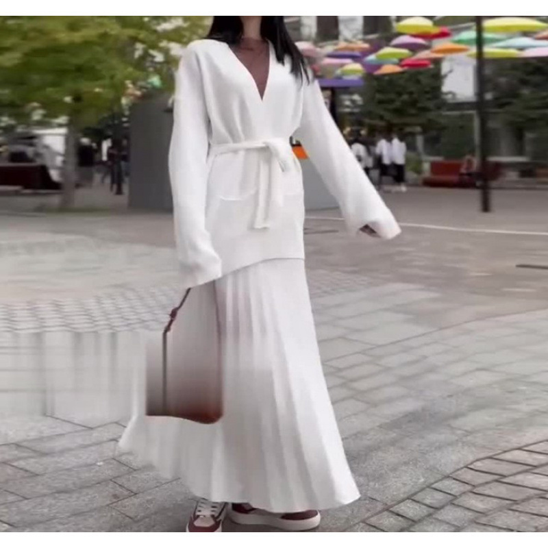 欧美跨境外贸2025春季宽松绑带口袋V领开衫外套舒适半身裙套装女|undefined