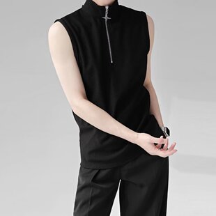 Half turtleneck zipper vest men's niche design shoulder pad sleeveless T-shirt high-grade solid color waistcoat bottoming vest