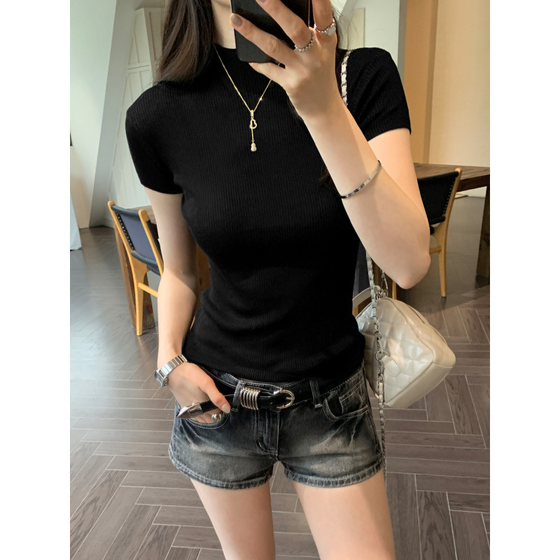 ホット販売リヨセルテンセル薄いハーフタートルネックショルダー半袖セーター女性のための 2025 夏の新しい Tシャツトップ|undefined