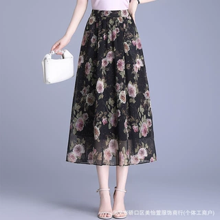 印花雪纺半身裙2025年夏季新款垂感修身时尚A字裙松紧腰休闲长裙