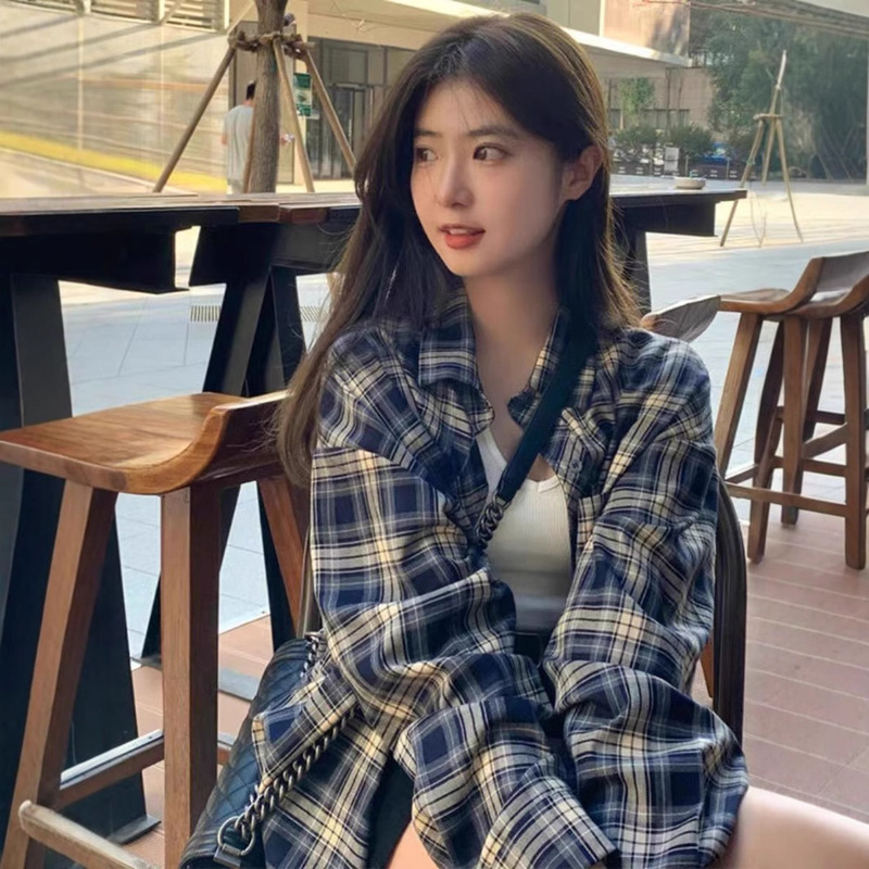 Vintage Wear Plaid Shirt Women's Lazy Style Spring and Summer New Loose Shirt Cardigan Coat Sunscreen Top Thin