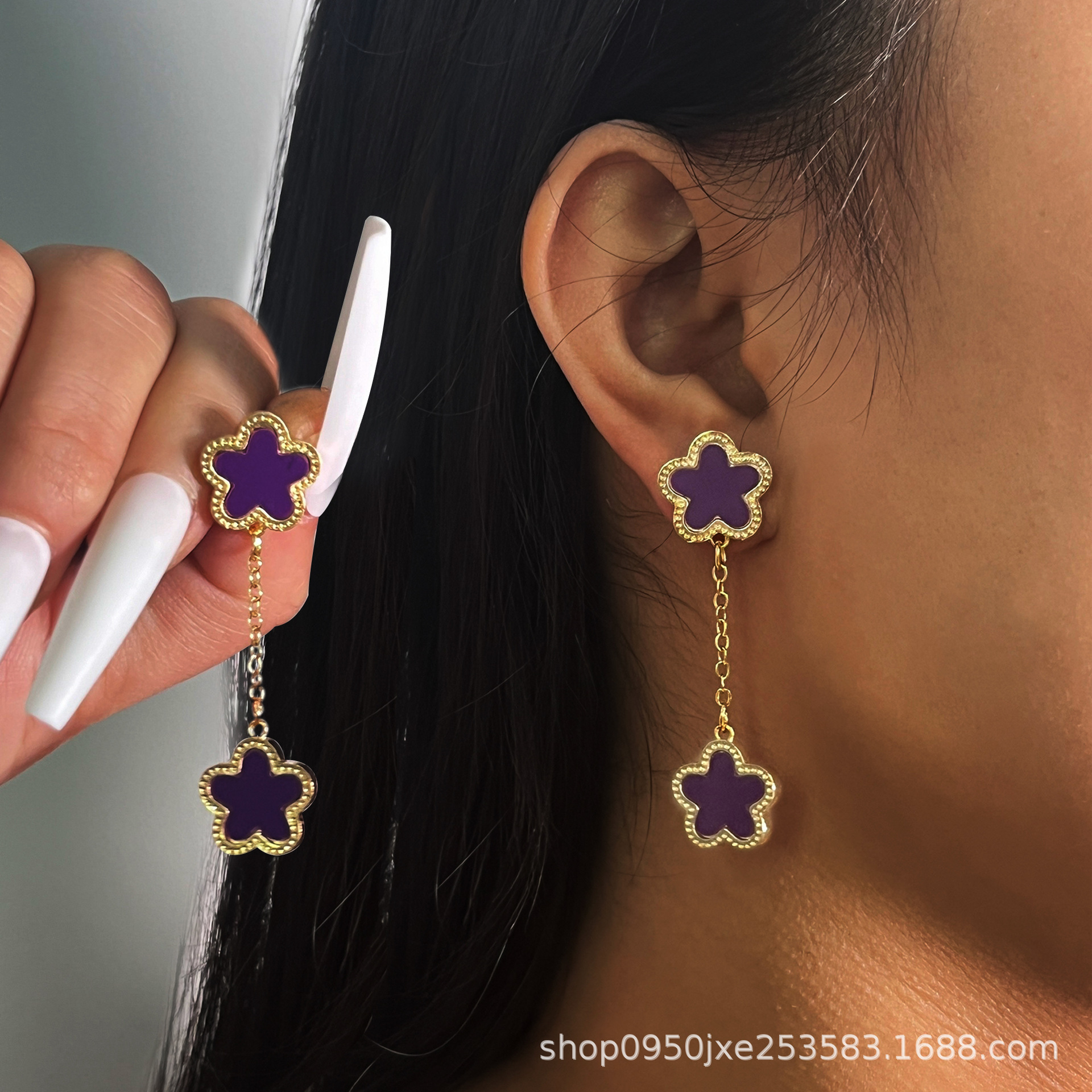 폭이 넓은 매화 2 섹션 귀걸이 보라색
