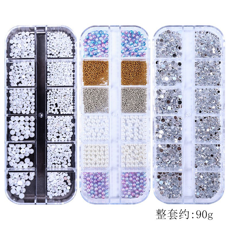 Juego completo transfronterizo de 12 compartimientos de remaches de metal, diamantes de imitación, Xingyue, piezas de concha de diamantes, accesorios para uñas, adornos para uñas