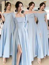 藍色伴娘服2022年新款冬季薄款緞面藍色仙氣質姐妹團顯瘦簡約禮服
