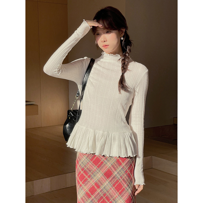 [Ballet Base Layer] Geming Vintage Ruffled Half-Turtleneck Knitted Top with Long Sleeves Y2729F