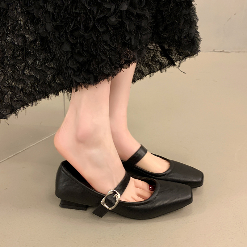 Elegant Square Toe Evening Style Shallow Mouth One-Strap Small Leather Low Heel Commuter Soft Sole Mary Jane Single_vogvips.com