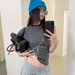 MMFISH时髦休闲撞色修身显瘦百搭美式落肩羊绒彩条百搭短袖25T537