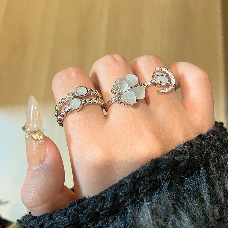 簡約雙層漸變鋯石戒指女新款時尚可旋轉四葉草花朵小眾設計食指戒