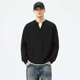 美式假两件长袖卫衣男秋季2025新款复古潮牌休闲宽松百搭V领上衣