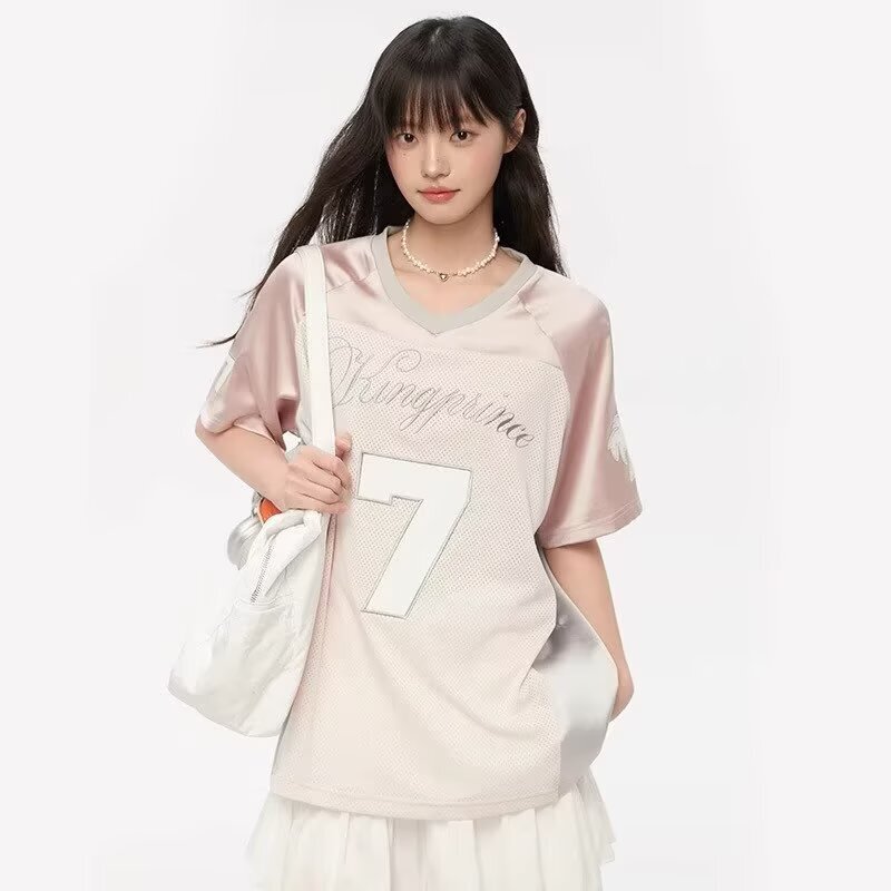 2025 Patchwork Mesh Loose Short-Sleeved T-Shirt Women's High Street Casual Handsome Retro Versatile Sports Couple Jersey