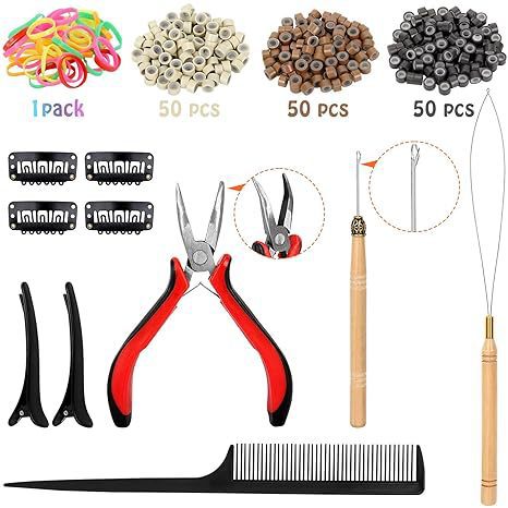Colorful Traceless Laser Gold Wire Hair Extension Pliers, Crochet Hook Hair Extension Rings, Bb Clips, Bead Stringing Tool Set, Hair Extension Tools