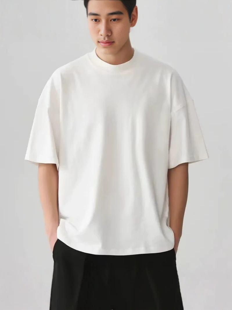 American-Style Small Neckline 320g Heavyweight Pure Cotton Short-Sleeve T-Shirt for Men, Loose Fit, Pure White Base Layer, Japanese-Style Half-Sleeve
