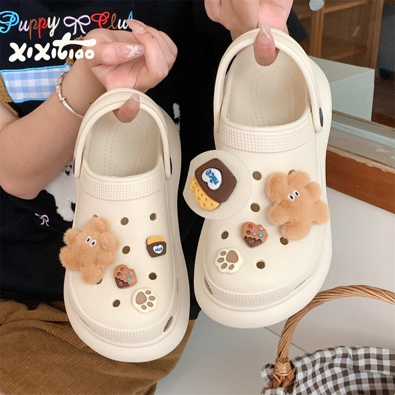 Two-Wear Baotou Slippers Women's DIY Brown Plush Bunny Summer New Hole Shoes Fashion High-end Beach Shoes