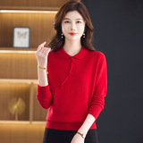 秋冬新款羊毛针织衫宽松长袖妈妈毛衣时尚Polo领打底衫100%羊毛，女装针织衫/毛衣，妃慕昵服饰