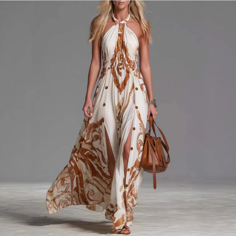 European and American Cross-Border Independent Website Vintage Bohemian Off-Shoulder Brown Western Print White Slit Long Dress European and American Cross-Border Independent Website Vintage Bohemian Off-Shoulder Brown Western Print White Slit Long Dress