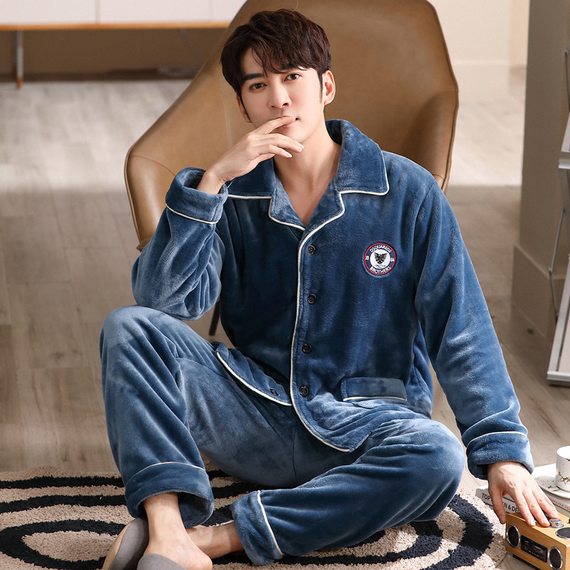 Pijamas de hombre para hombre Otoño e Invierno coral fleece cardigan cálido invierno forrado de lana engrosada franela traje de hombre