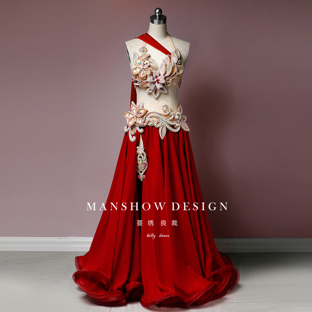 肚皮舞服装女新款套装裸色百搭文胸腰封长裙套装