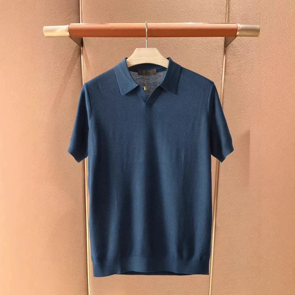 Мужской летний вязанный свитер polo футболка с коротким рукавом, Slim fit, V-образный вырез