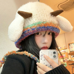 韩版可爱小羊毛绒帽子女秋冬季保暖绑带针织护耳帽百搭套头雷锋帽